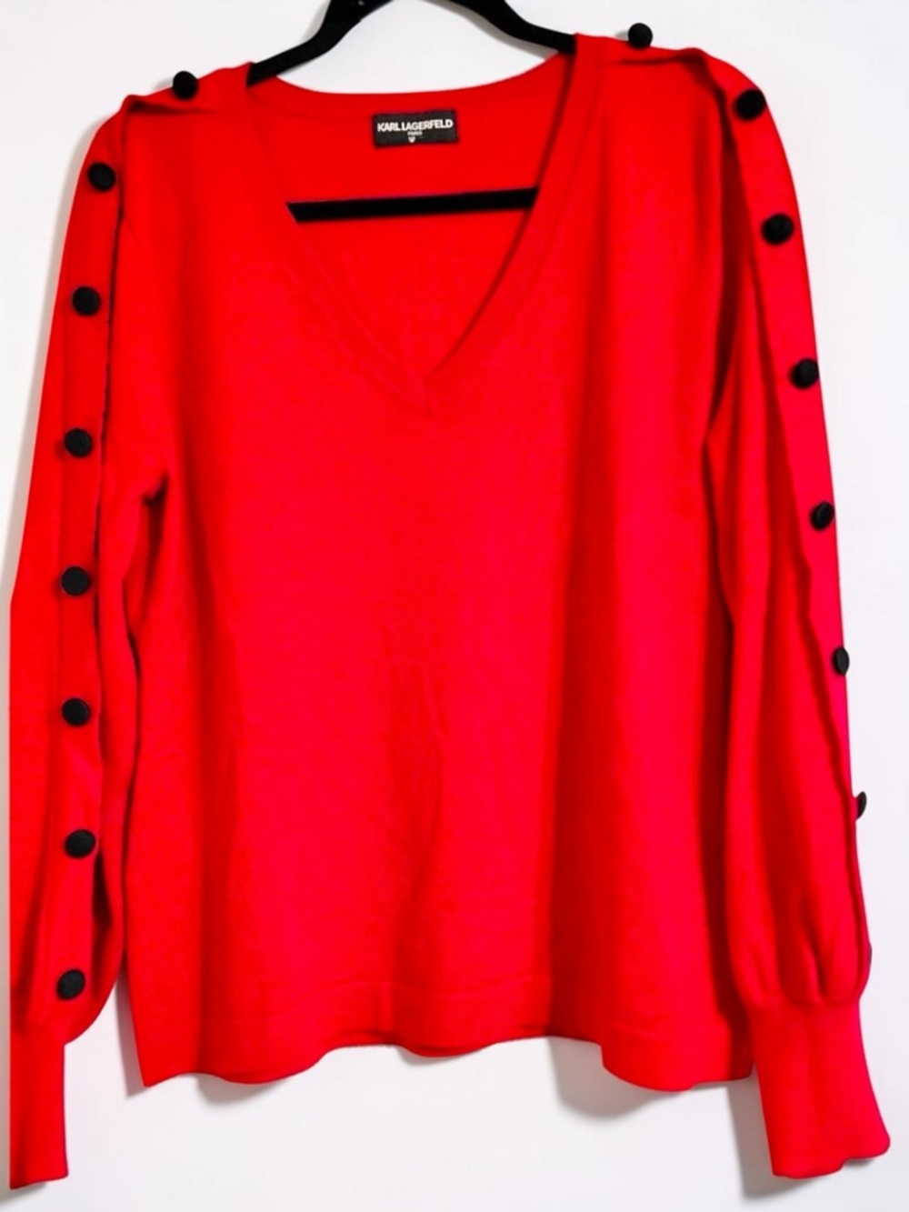 Karl Lagerfeld Paris Red V-Neck Sweater | Button Sleeve Detail | NWOT Large